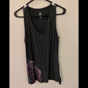 Gaiam grey exercise long shirt with purple floral mandelas size medium